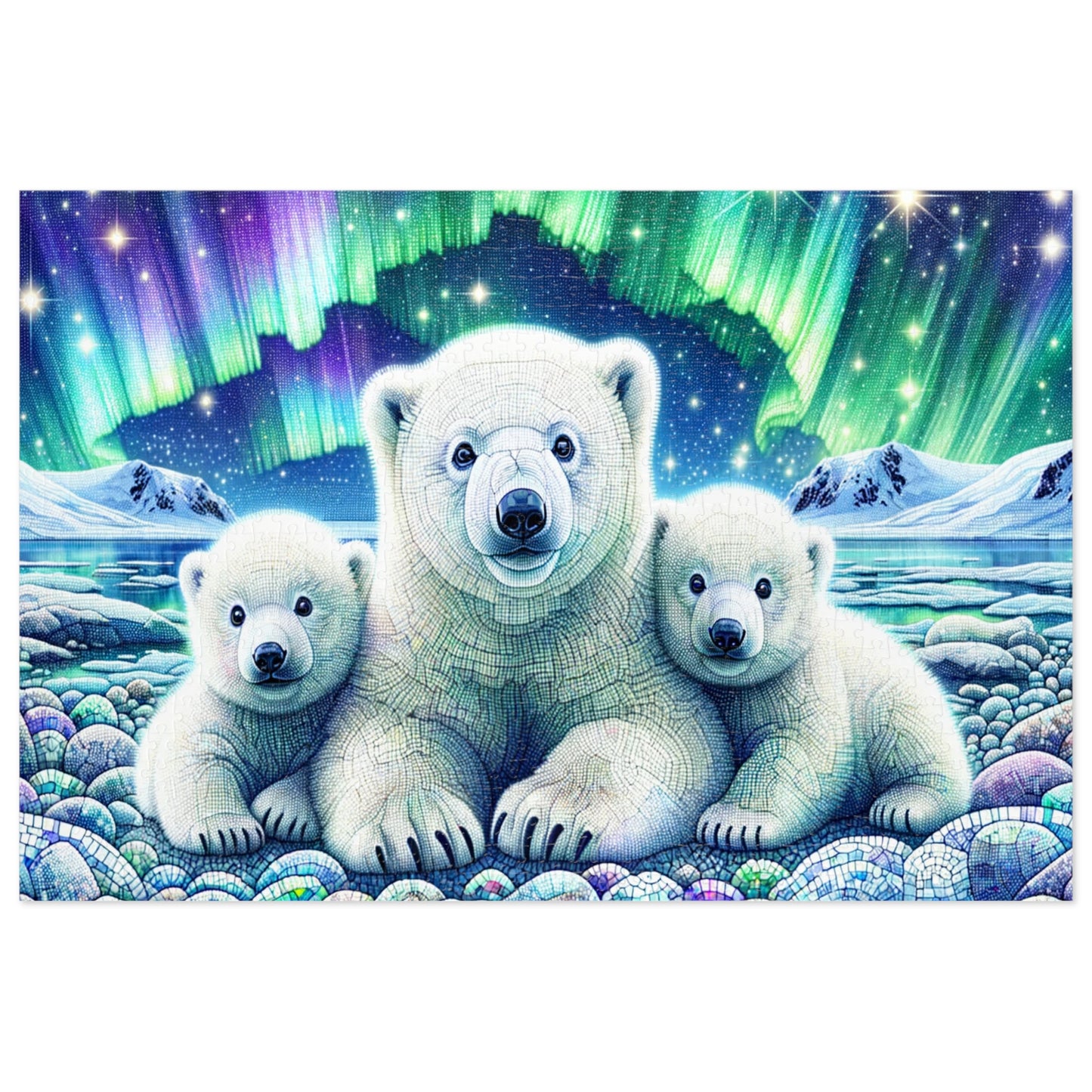 Majestic Northern Lights: Polar Bear Family Jigsaw Puzzle (500 or 1000-Piece)