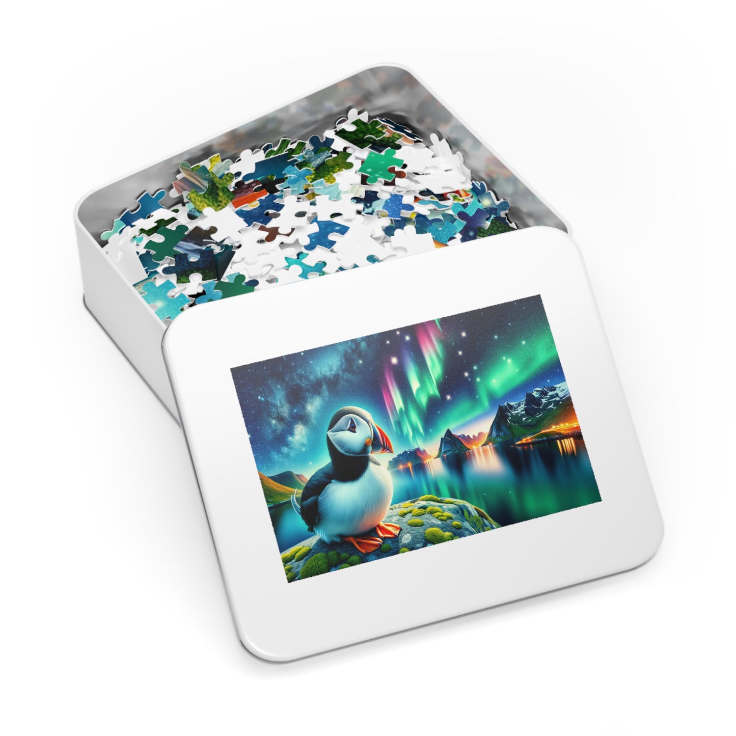 Aurora Whispers: Puffin Under the Northern Lights Jigsaw Puzzle (500 or 1000-Piece)