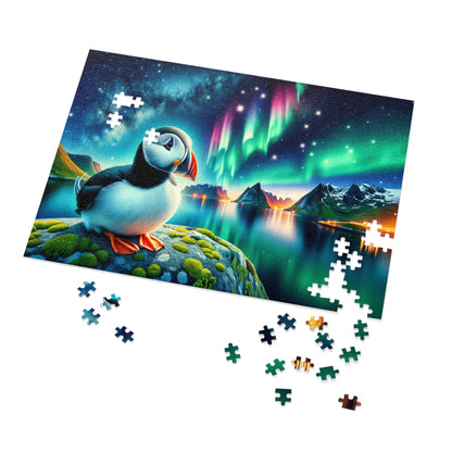 Aurora Whispers: Puffin Under the Northern Lights Jigsaw Puzzle (500 or 1000-Piece)