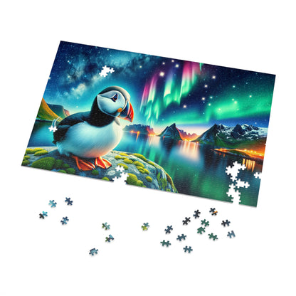 Aurora Whispers: Puffin Under the Northern Lights Jigsaw Puzzle (500 or 1000-Piece)