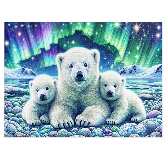 Majestic Northern Lights: Polar Bear Family Jigsaw Puzzle (500 or 1000-Piece)