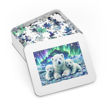 Majestic Northern Lights: Polar Bear Family Jigsaw Puzzle (500 or 1000-Piece)