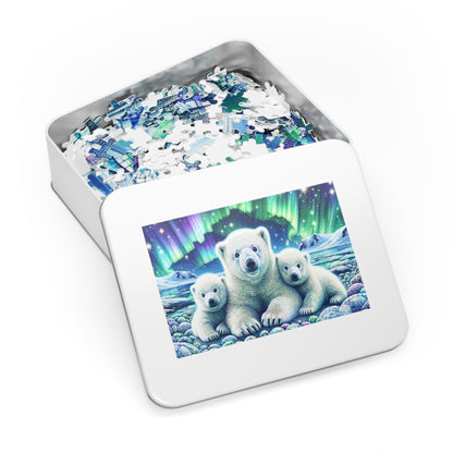 Majestic Northern Lights: Polar Bear Family Jigsaw Puzzle (500 or 1000-Piece)