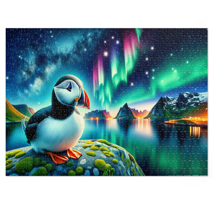 Aurora Whispers: Puffin Under the Northern Lights Jigsaw Puzzle (500 or 1000-Piece)