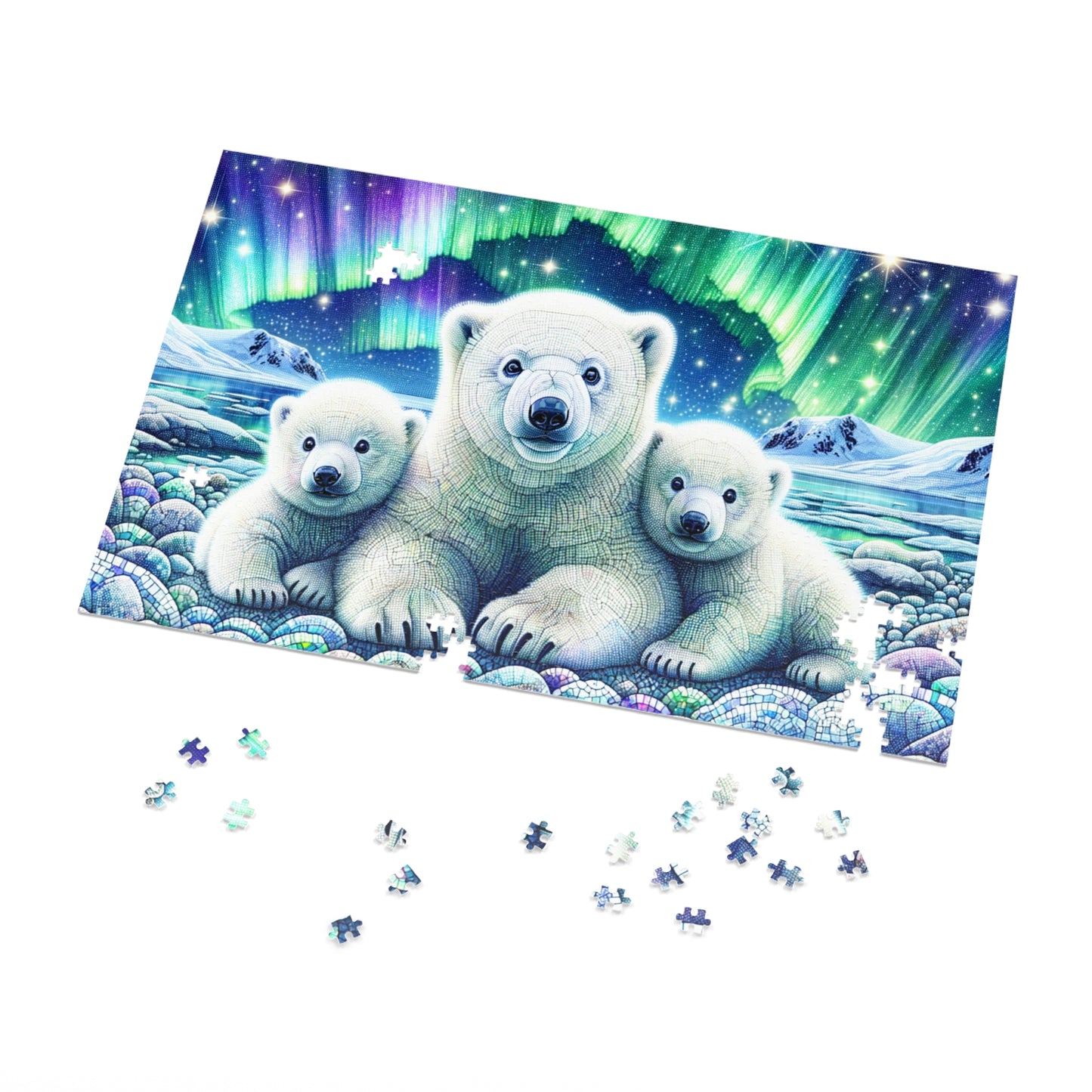 Majestic Northern Lights: Polar Bear Family Jigsaw Puzzle (500 or 1000-Piece)