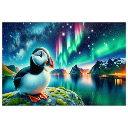 Aurora Whispers: Puffin Under the Northern Lights Jigsaw Puzzle (500 or 1000-Piece)