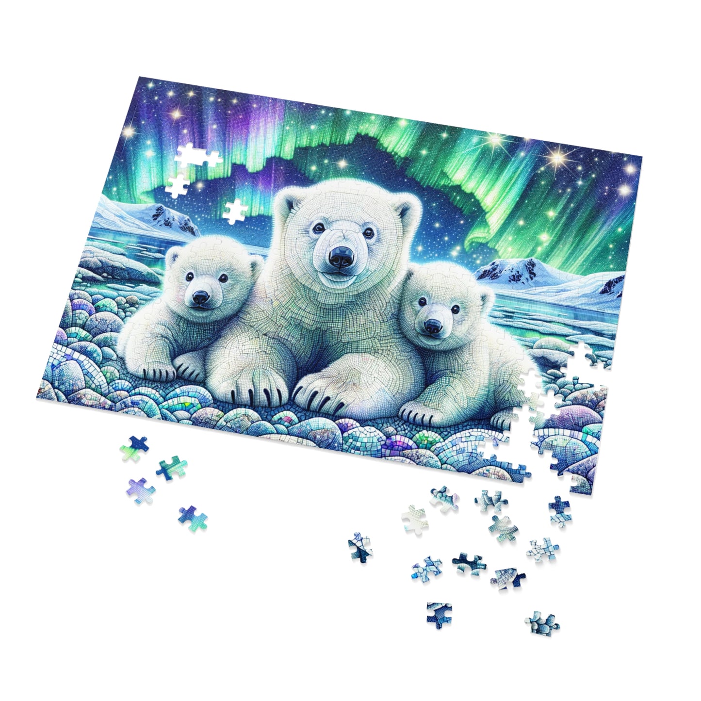 Majestic Northern Lights: Polar Bear Family Jigsaw Puzzle (500 or 1000-Piece)